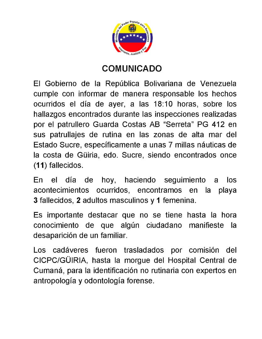 COMUNICADO // Gobierno Bolivariano informa sobre hechos ocurridos en el estado Sucre